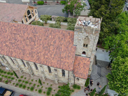 Aerial view of St. Helena Roman Catholic Church, historic church building in St. Helena, Napa Valley, California., USA. Built from 1889 to 1890, the church was constructed with stone. May 18t, 2020のeditorial素材