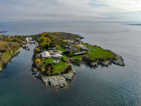 Aerial view of Castle Hill Inn beachfront luxury hotel with ocean, Newport, Rhode Island, USA. May 13th, 2019のeditorial素材