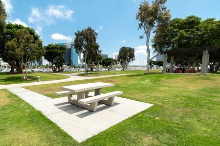 Waterfront public park with benches at the Embarcadero Marina Park South, San Diego Downtown. California. USAの写真素材