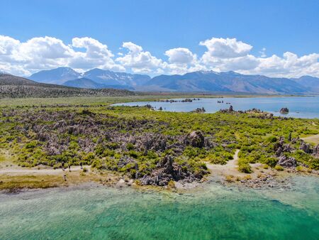 Aerial view of Mono Lake with tufa rock formations during summer season, Mono County, California, USAの写真素材