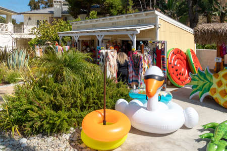 Small little tourist shop at Descanso beach club, Santa Catalina Island. USA, famous tourist...