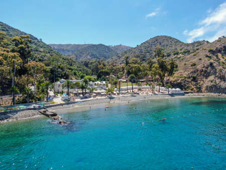 Aerial view of Santa Catalina Island with Descanso bay and beach club. USA, famous tourist attraction in Southern California, USA. June 20th, 2020のeditorial素材