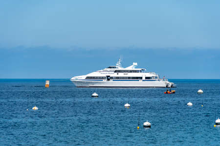 Catalina Express speedboat next to Santa Catalina Island,, famous tourist attraction in Southern California, USA. June 20th, 2020のeditorial素材