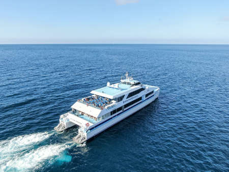 Aerial view of Catalina Express speedboat next to Santa Catalina Island,, famous tourist attraction in Southern California, USA. June 20th, 2020のeditorial素材