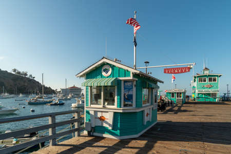 Pier of Avalon Bay in Santa Catalina Island, famous tourist attraction with little shops in Southern California, USA. June 5th, 2020のeditorial素材