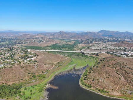 Aerial view of Inland Lake Hodges and Bernardo Mountain, great hiking trail and water activity in Rancho Bernardo East San Diego County, California, USAの写真素材