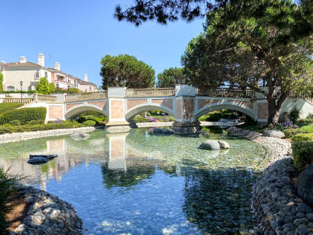 Public Park with green garden and landscape design with water pond and bridge, La Jolla, California. USAの写真素材