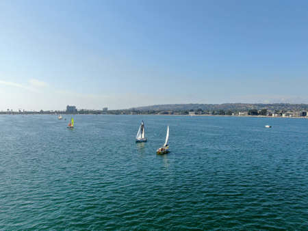 Aerial view of Mission Bay and beaches in San Diego, California. USA. Community built on a sandbar...