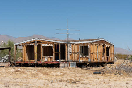 Abandoned house camper trailer in the middle of the desert in Californias Mojave desert, near Ridgecrest.の写真素材