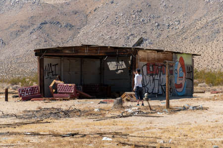 Abandoned house camper trailer in the middle of the desert in Californias Mojave desert, near...
