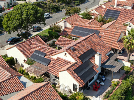 Aerial top view of residential villas with solar panel on the roof, San Diego County, California, USA. September 13thh, 2020のeditorial素材