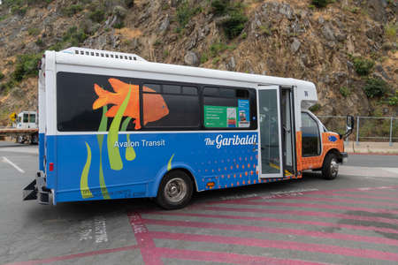 Mini tourist bus at the Catalina Express speedboat port, Avalon Bay, Santa Catalina Island, famous tourist destination in Southern California, USA. June 20th, 2020のeditorial素材