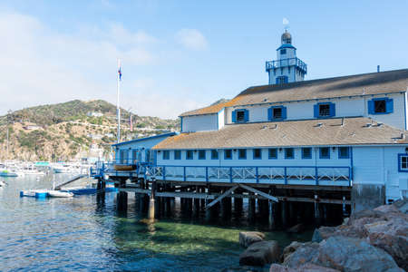 Avalon harbor in Santa Catalina Island with sailboats, fishing boats and yachts moored in calm bay, famous tourist attraction in Southern California, USA. June 20th, 2020のeditorial素材