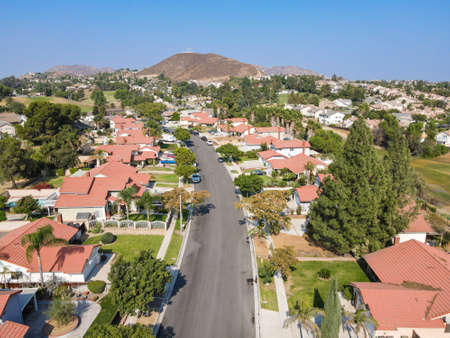 Aerial view of Southern California houses in inland town Corona, during hot summer. USAの写真素材