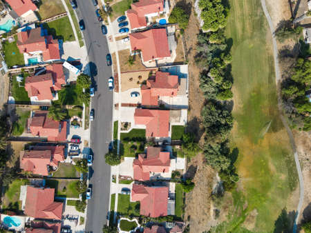 Aerial top view of Southern California houses in inland town Corona, during hot summer. USAの写真素材