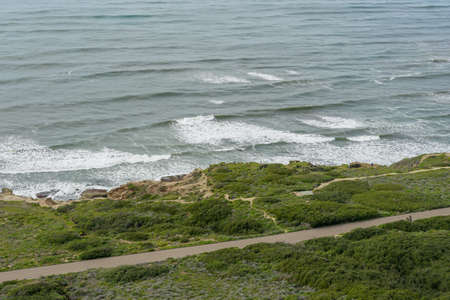 View of the ocean from the top of the mountain of Point Loma peninsula at the mouth of San Diego Bay, California, USA. situated in the Cabrillo National Monument.の写真素材