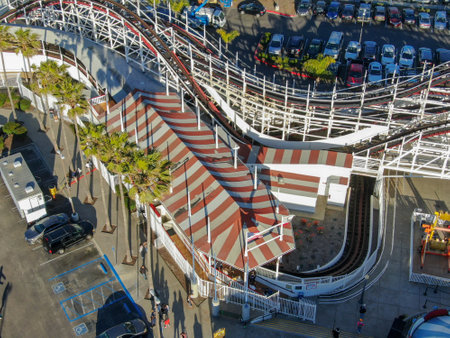 Aerial view of iconic Giant Dipper roller coaster in Belmont Park, an amusement park built in 1925 on the Mission Beach boardwalk, San Diego, California, USA. Old wood roller coaster July 13th, 2020のeditorial素材