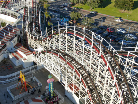 Aerial view of iconic Giant Dipper roller coaster in Belmont Park, an amusement park built in 1925 on the Mission Beach boardwalk, San Diego, California, USA. Old wood roller coaster July 13th, 2020のeditorial素材