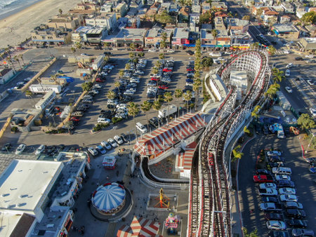 Aerial view of iconic Giant Dipper roller coaster in Belmont Park, an amusement park built in 1925 on the Mission Beach boardwalk, San Diego, California, USA. Old wood roller coaster July 13th, 2020のeditorial素材