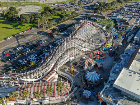 Aerial view of iconic Giant Dipper roller coaster in Belmont Park, an amusement park built in 1925 on the Mission Beach boardwalk, San Diego, California, USA. Old wood roller coaster July 13th, 2020のeditorial素材