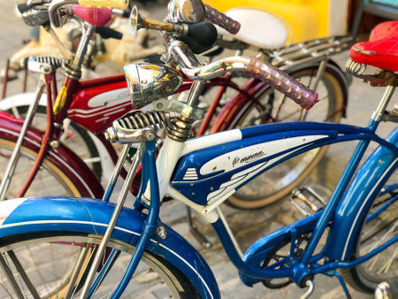 Old style colorful bicycles parked in the center of old Havana, Cuba. Bike parked in the historic old part of Havana. November 18th, 2020のeditorial素材