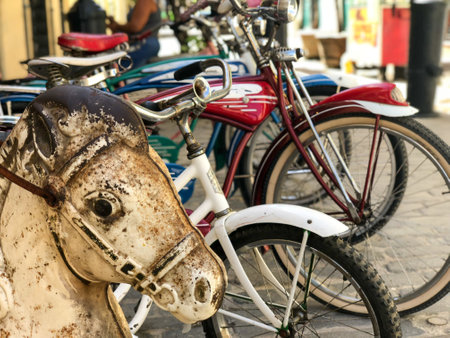 Old style colorful bicycles parked in the center of old Havana, Cuba. Bike parked in the historic old part of Havana. November 18th, 2020のeditorial素材