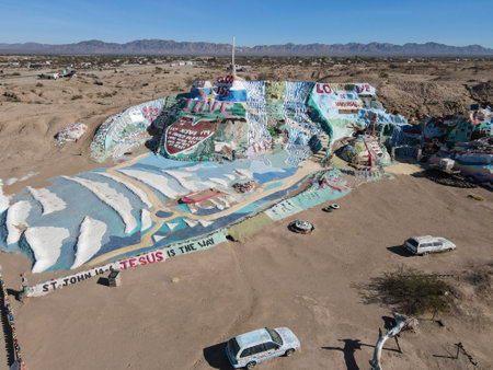Aerial view of Salvation Mountain, Leonards tribute to God and his gift to the world with its simple yet powerful message, God Is Love. Niland, California , USA. January 16th, 2020のeditorial素材