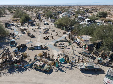 aerial view of Slab City, an unincorporated, off-the-grid squatter community consisting largely of...