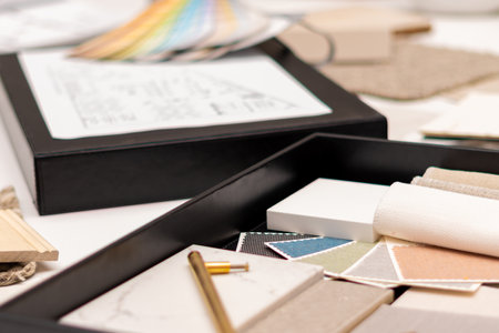 Interior designers working table, an architectural plan of the house, a color palette, furniture and...