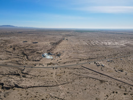 aerial view of Slab City, an unincorporated, off-the-grid squatter community consisting largely of snowbirds in the Salton Trough area of the Sonoran Desert, California, USA. January 16th, 2020の写真素材