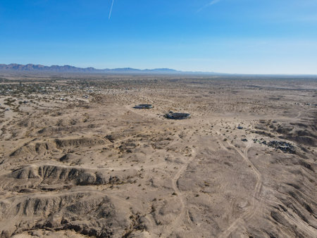 aerial view of Slab City, an unincorporated, off-the-grid squatter community consisting largely of snowbirds in the Salton Trough area of the Sonoran Desert, California, USA. January 16th, 2020の写真素材