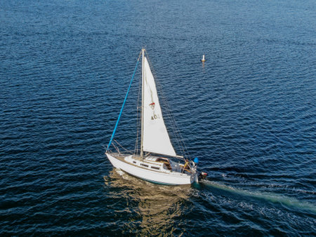 Aerial view of small sail boats in the Mission Bay of San Diego, California, USA. Small sailing ship yachts anchored in the bay. March 22nd, 2020のeditorial素材