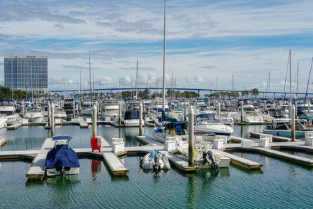 Boats moored at Embarcadero Marina Park North, San Diego. Boat, yachts, ship and sail docked at the harbor. Marina with anchored luxury boats. California. USA. January 16th, 2021のeditorial素材