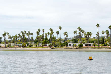 Caravan and home trailer park area next the water in the De Anza Cove in Mission Bay area in San Diego, California, USA. April, 22nd, 2020のeditorial素材