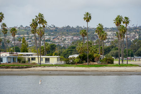 Caravan and home trailer park area next the water in the De Anza Cove in Mission Bay area in San Diego, California, USA. April, 22nd, 2020のeditorial素材