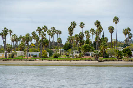 Caravan and home trailer park area next the water in the De Anza Cove in Mission Bay area in San Diego, California, USA. April, 22nd, 2020のeditorial素材