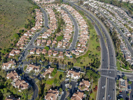 Aerial view of upper middle class neighborhood with big villas around in San Diego, California, USA.の写真素材