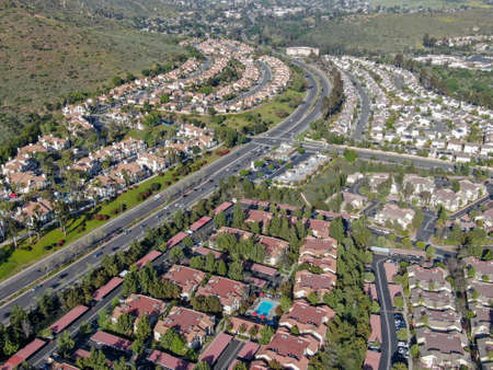 Aerial view of upper middle class neighborhood with big villas around in San Diego, California, USA.