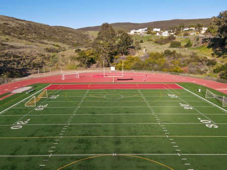 Aerial top view of American football field in San Diego, California, USA. April 3rd, 2021