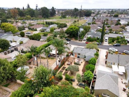 Aerial view of houses with flowered garden in Placentia, city in northern Orange County, California. USA. June 5th, 2021のeditorial素材