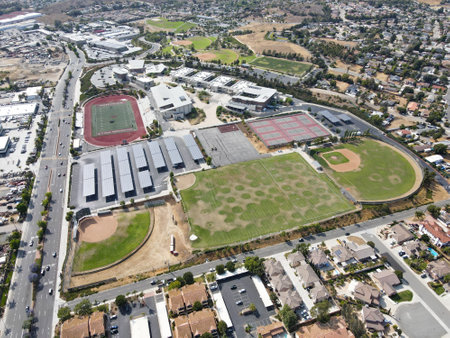 Aerial view of San Marcos neighborhood with school and sport field, San Diego, California, USA. July 13th, 2021のeditorial素材