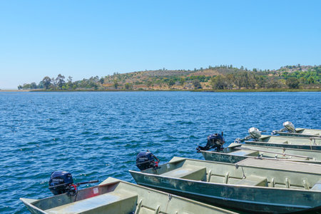 Small pier with pedal boat, small motor boat. Lake with popular activities including boating,...