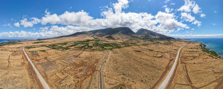 Aerial view of yellow dry landscape and mountain during hot summer in the west coast of Maui. Hawaii, USAの写真素材