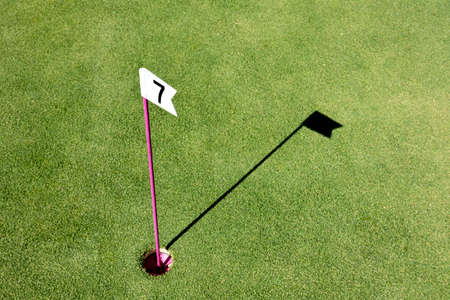 Hole marked with small flag at the mini golf area. Number flag on a mini golf course