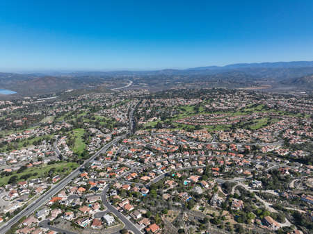 Aerial view of middle class neighborhood with villas in South California, USAの写真素材