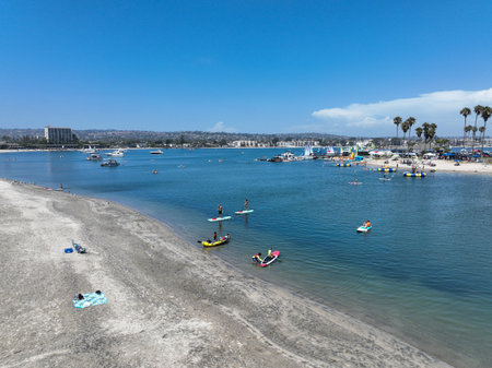Aerial view of boats and kayaks in Mission Bay water sports zone in San Diego. Famous tourist...