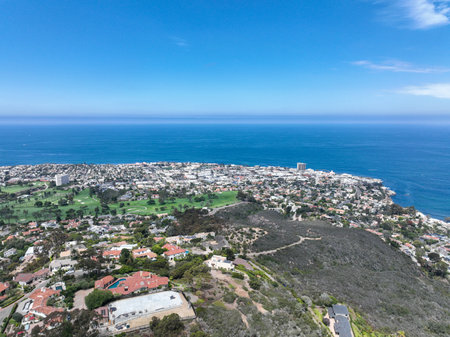 Aerial view over La Jolla Hills with big villas and ocean in the background, San Diego, California, USAの写真素材
