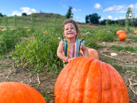 Little girl picking pumpkins on Halloween pumpkin patch. Child playing in field of squash,...