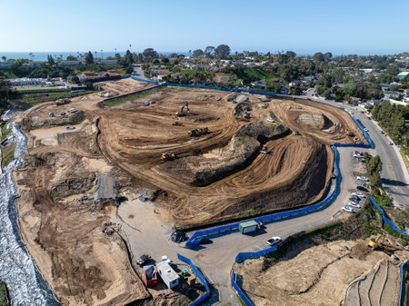 Aerial view of heavy construction equipment working at the construction site. San Diego, California, March, 10th, 2024のeditorial素材