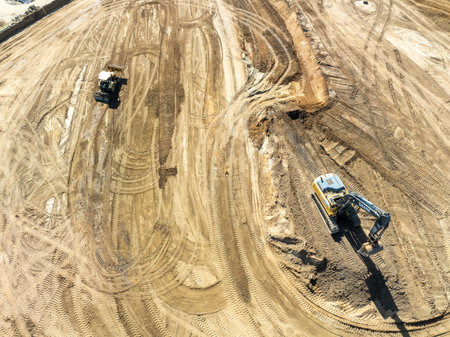 Aerial view of heavy construction equipment working at the construction site. San Diego, California, March, 10th, 2024のeditorial素材